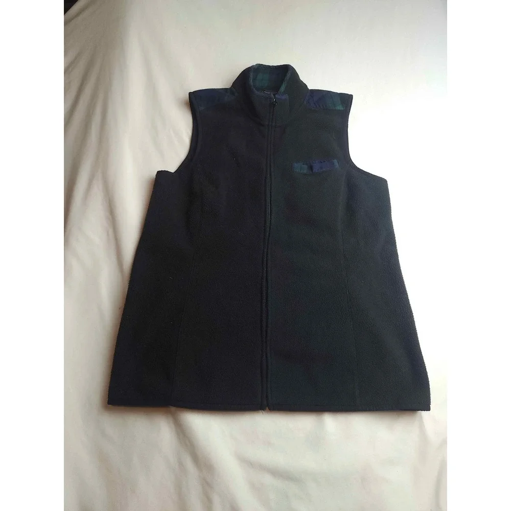 Brooks Brothers Navy Fleece Vest Black Watch Plaid Trim Full Zip Womens Medium